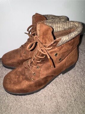 Arizona Jean Company Chestnut Suede Lace-Up Knit Collar Ankle Boots